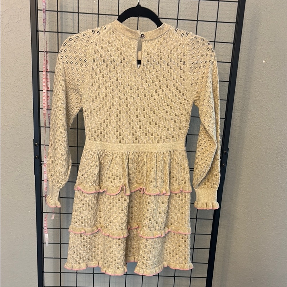 Mini Boden Cream Knit Tiered Dress with Pink Trim